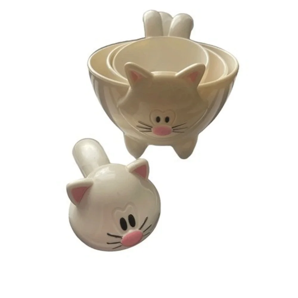 Nesting Kitty Cat Measuring Cups and Spoons Set 6pc White‎ Pink Black Kitchen